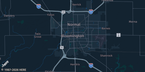 Map of Bloomington, IL. The exact address of Holiday Inn Hotel & Suites Bloomington is not known, so the map shows the area rather than a specific building.