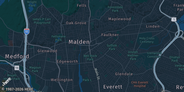 Map of Malden, MA. The exact address of MIXX 360 Nightlife is not known, so the map shows the area rather than a specific building.