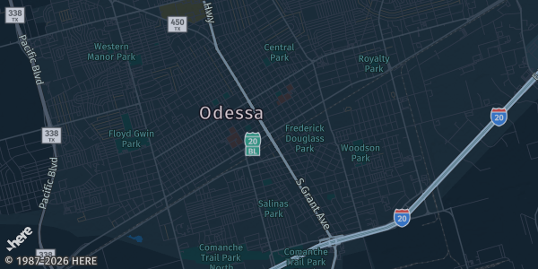 Map of Odessa, TX. The exact address of Ector County Coliseum is not known, so the map shows the area rather than a specific building.