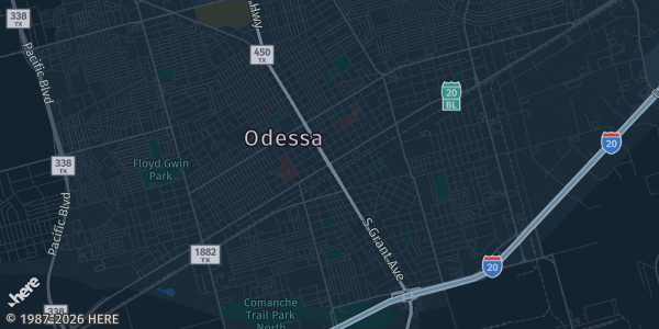 Map of Odessa, TX. The exact address of Ector County Coliseum is not known, so the map shows the area rather than a specific building.