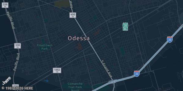 Map of Odessa, TX. The exact address of Ector County Coliseum is not known, so the map shows the area rather than a specific building.