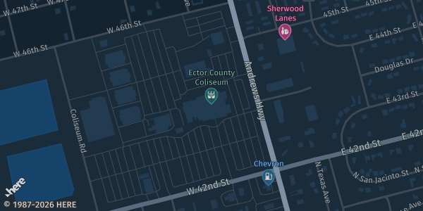 Map showing Ector County Coliseum in Odessa, TX.