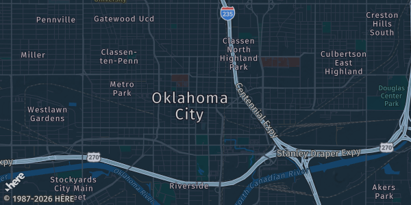 Map of Oklahoma City, OK. The exact address of Centennial Building, OKC Fair Park is not known, so the map shows the area rather than a specific building.