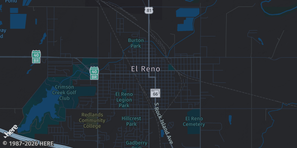 Map of El Reno, OK. The exact address of Canadian County Expo & Event Center is not known, so the map shows the area rather than a specific building.
