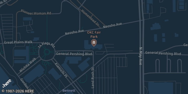 Map showing Oklahoma Expo Hall, Oklahoma State Fairgrounds in Oklahoma City, OK.