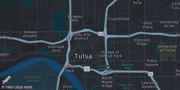 Map of Tulsa, OK. The exact address of Arvest Convention Center is not known, so the map shows the area rather than a specific building.