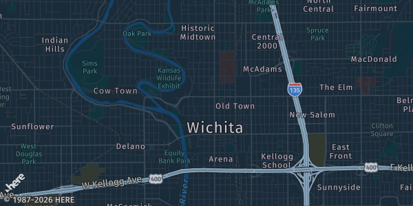 Map of Wichita, KS. The exact address of Wichita Sports Forum is not known, so the map shows the area rather than a specific building.