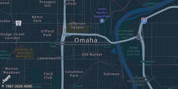 Map of Omaha, NE. The exact address of Firefighters Hall is not known, so the map shows the area rather than a specific building.