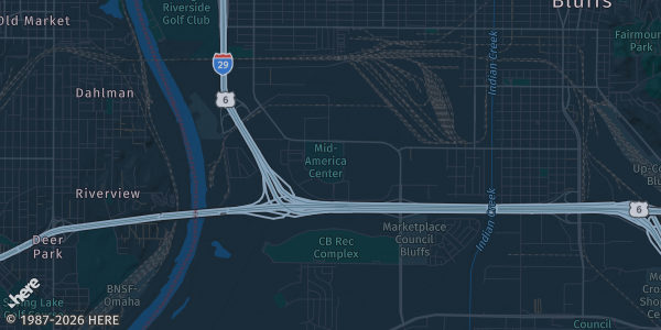 Map of Council Bluffs, IA. The exact address of Mid-America Center is not known, so the map shows the area rather than a specific building.