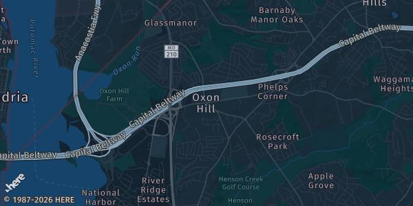 Map of Oxon Hill, MD. The exact address of Harborside Hotel is not known, so the map shows the area rather than a specific building.