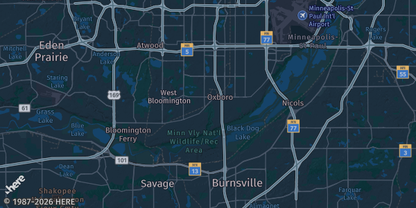 Map of Bloomington, MN. The exact address of Hilton Minneapolis/St. Paul Airport Mall of America is not known, so the map shows the area rather than a specific building.