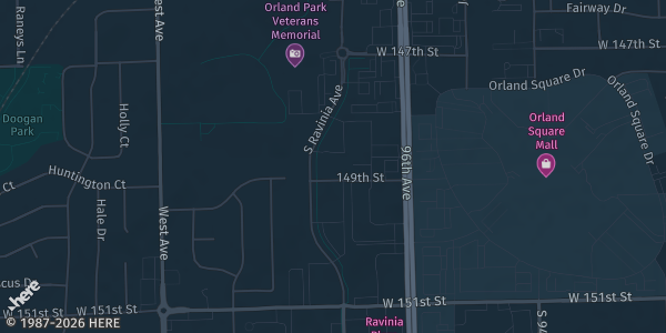 Map of Orland Park, IL. The exact address of Orland Park Civic Center is not known, so the map shows the area rather than a specific building.