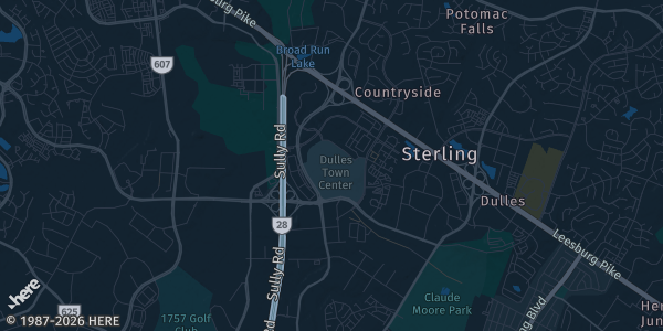 Map of Sterling, VA. The exact address of Dulles Town Center is not known, so the map shows the area rather than a specific building.