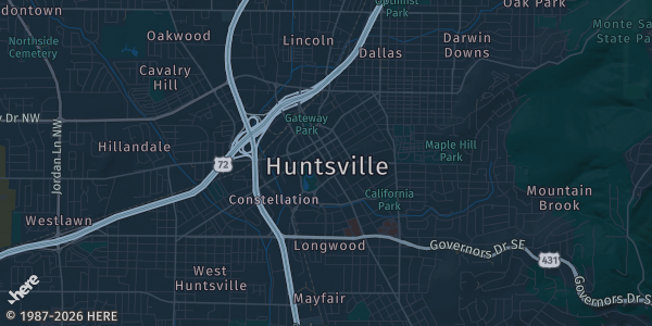 Map of Huntsville, AL. The exact address of Huntsville Marriott at the Space & Rocket Center is not known, so the map shows the area rather than a specific building.