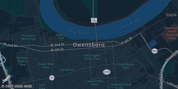 Map of Owensboro, KY. The exact address of Shiloh’s Lounge & Grill is not known, so the map shows the area rather than a specific building.