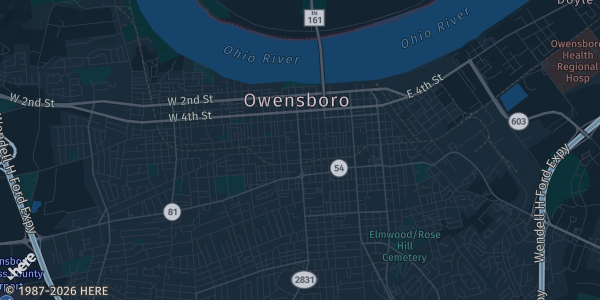 Map of Owensboro, KY. The exact address of Owensboro Convention Center is not known, so the map shows the area rather than a specific building.