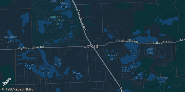 Map of Oxford, MI. The exact address of Elevate Dance Company is not known, so the map shows the area rather than a specific building.