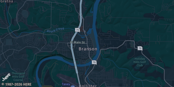 Map of Branson, MO. The exact address of Branson Meadows Event Center is not known, so the map shows the area rather than a specific building.