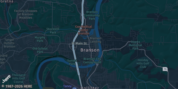 Map of Branson, MO. The exact address of Branson Meadows Event Center is not known, so the map shows the area rather than a specific building.