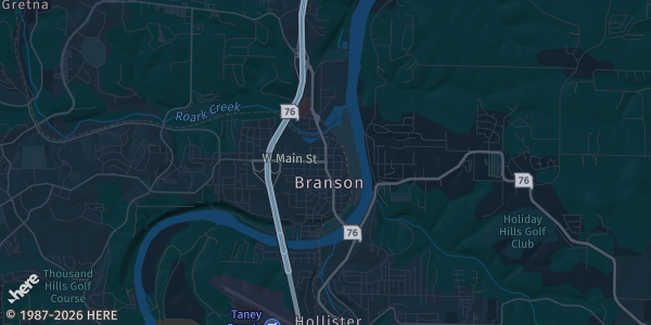 Map of Branson, MO. The exact address of Branson Meadows Event Center is not known, so the map shows the area rather than a specific building.