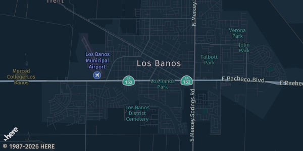 Map of Los Banos, CA. The exact address of Pacheco High School is not known, so the map shows the area rather than a specific building.