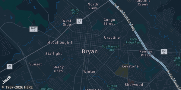 Map of Bryan, TX. The exact address of Brazos Center is not known, so the map shows the area rather than a specific building.