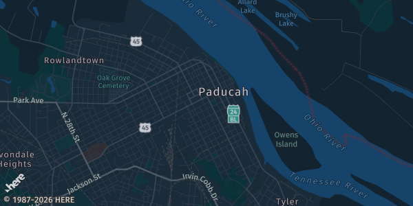 Map of Paducah, KY. The exact address of Kentucky Oaks Mall is not known, so the map shows the area rather than a specific building.
