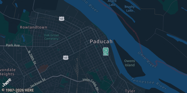 Map of Paducah, KY. The exact address of Kentucky Oaks Mall is not known, so the map shows the area rather than a specific building.