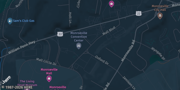 Map of Monroeville, PA. The exact address of Monroeville Convention Center is not known, so the map shows the area rather than a specific building.