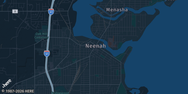 Map of Neenah, WI. The exact address of Lucky Dog'z Bar & Banquet Hall is not known, so the map shows the area rather than a specific building.