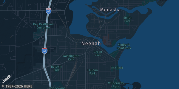 Map of Neenah, WI. The exact address of Lucky Dog'z Bar & Banquet Hall is not known, so the map shows the area rather than a specific building.