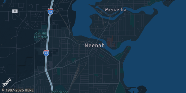 Map of Neenah, WI. The exact address of Lucky Dog'z Bar & Banquet Hall is not known, so the map shows the area rather than a specific building.