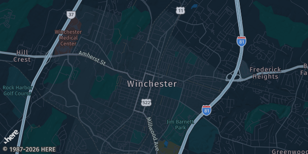 Map of Winchester, VA. The exact address of Millbrook High School Gym is not known, so the map shows the area rather than a specific building.