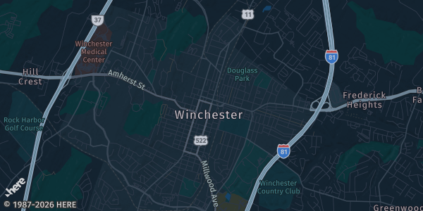 Map of Winchester, VA. The exact address of Millbrook High School Gym is not known, so the map shows the area rather than a specific building.