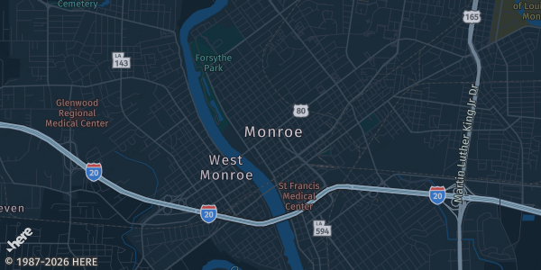 Map of Monroe, LA. The exact address of Monroe Civic Center is not known, so the map shows the area rather than a specific building.