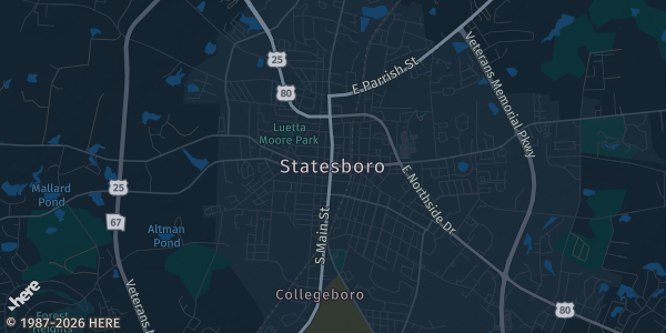 Map of Statesboro, GA. The exact address of Parkwood RV Park & Cottages is not known, so the map shows the area rather than a specific building.
