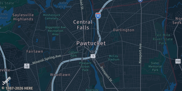 Map of Pawtucket, RI. The exact address of Hope Artiste Village is not known, so the map shows the area rather than a specific building.