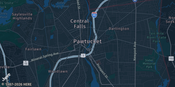 Map of Pawtucket, RI. The exact address of Hope Artiste Village is not known, so the map shows the area rather than a specific building.