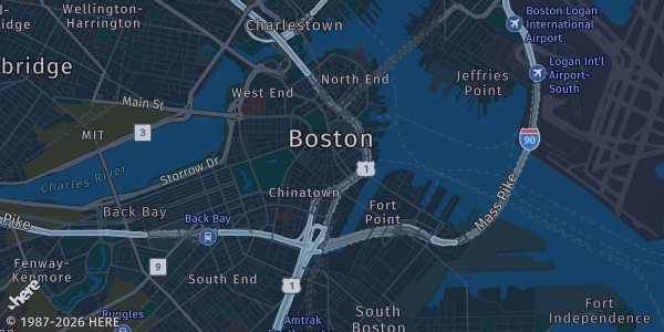 Map of Boston, MA. The exact address of Thomas M. Menino Convention & Exhibition Center is not known, so the map shows the area rather than a specific building.