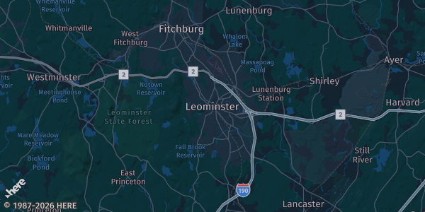 Map of Leominster, MA. The exact address of Leominster-Fitchburg Lodge of Elks is not known, so the map shows the area rather than a specific building.
