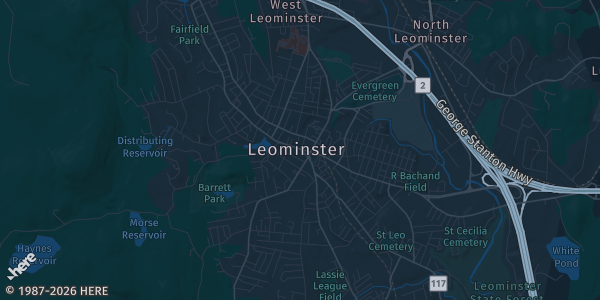 Map of Leominster, MA. The exact address of Leominster Elks Lodge is not known, so the map shows the area rather than a specific building.
