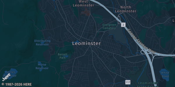 Map of Leominster, MA. The exact address of Leominster Elks Lodge is not known, so the map shows the area rather than a specific building.