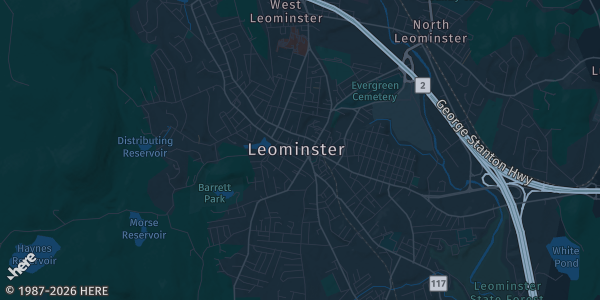 Map of Leominster, MA. The exact address of Leominster Elks Lodge is not known, so the map shows the area rather than a specific building.