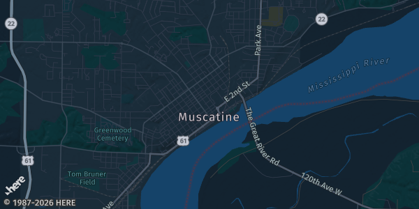 Map of Muscatine, IA. The exact address of Musco Sports Center is not known, so the map shows the area rather than a specific building.