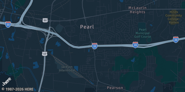 Map of Pearl, MS. The exact address of Clyde Muse Center is not known, so the map shows the area rather than a specific building.