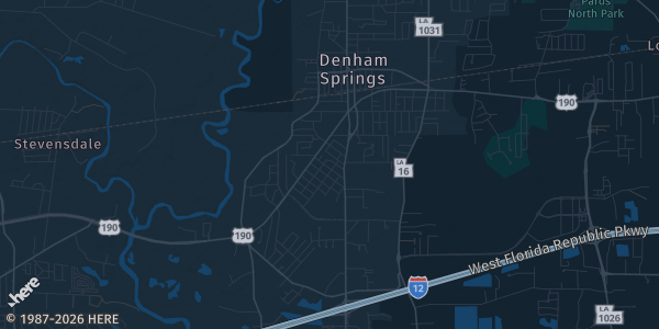 Map of Denham Springs, LA. The exact address of Anthony Dugas Recreation Center is not known, so the map shows the area rather than a specific building.