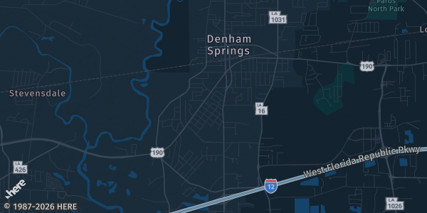 Map of Denham Springs, LA. The exact address of Anthony Dugas Recreation Center is not known, so the map shows the area rather than a specific building.