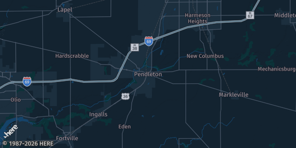 Map of Pendleton, IN. The exact address of Pendleton American Legion Post 117 is not known, so the map shows the area rather than a specific building.