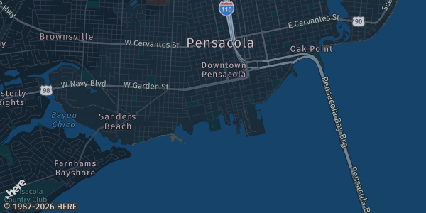 Map of Pensacola, FL. The exact address of Pensacon is not known, so the map shows the area rather than a specific building.