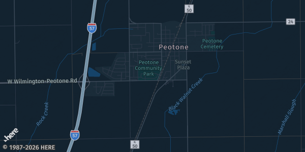 Map of Peotone, IL. The exact address of Will County Fairgrounds is not known, so the map shows the area rather than a specific building.